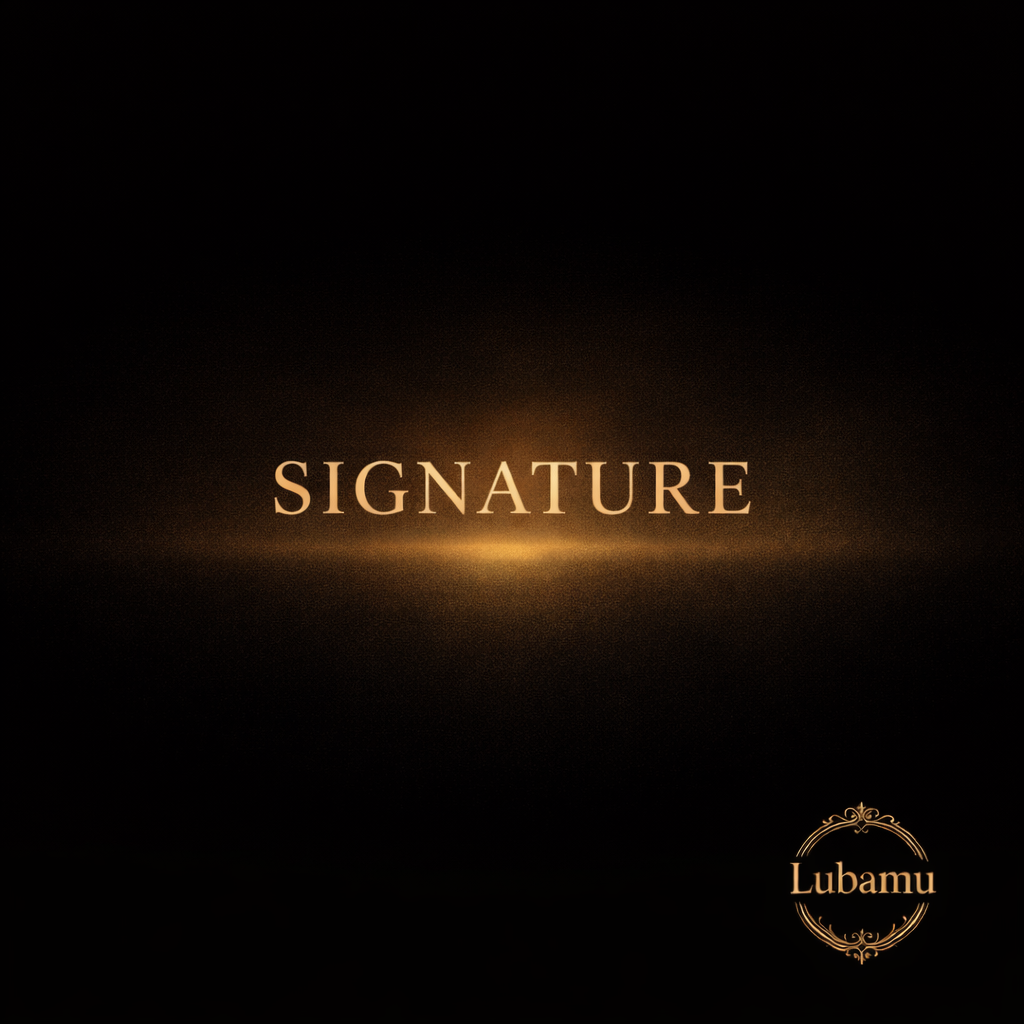 Signature Kollektion von Lubamu – zeitlose Premium-Kerzenkollektion mit charakteristischen Düften, präsentiert in minimalistischem Design mit goldener Schrift auf schwarzem Hintergrund