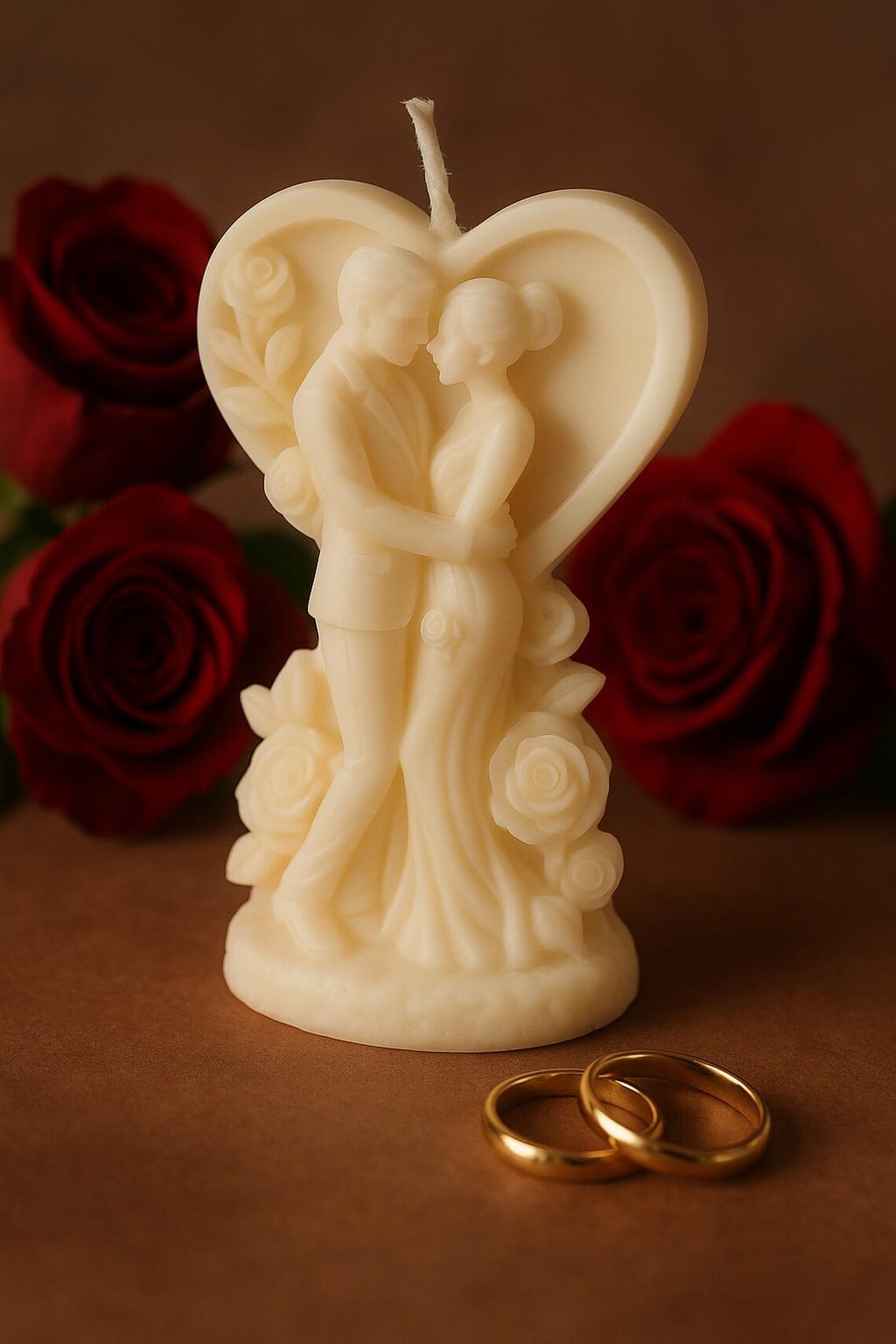Cremefarbene Kerze in Herzform mit fein ausgearbeiteter Paar-Figur, die sich liebevoll umarmt, umgeben von Rosenmotiven; im Hintergrund rote Rosen und im Vordergrund zwei goldene Ringe, warme romantische Atmosphäre.