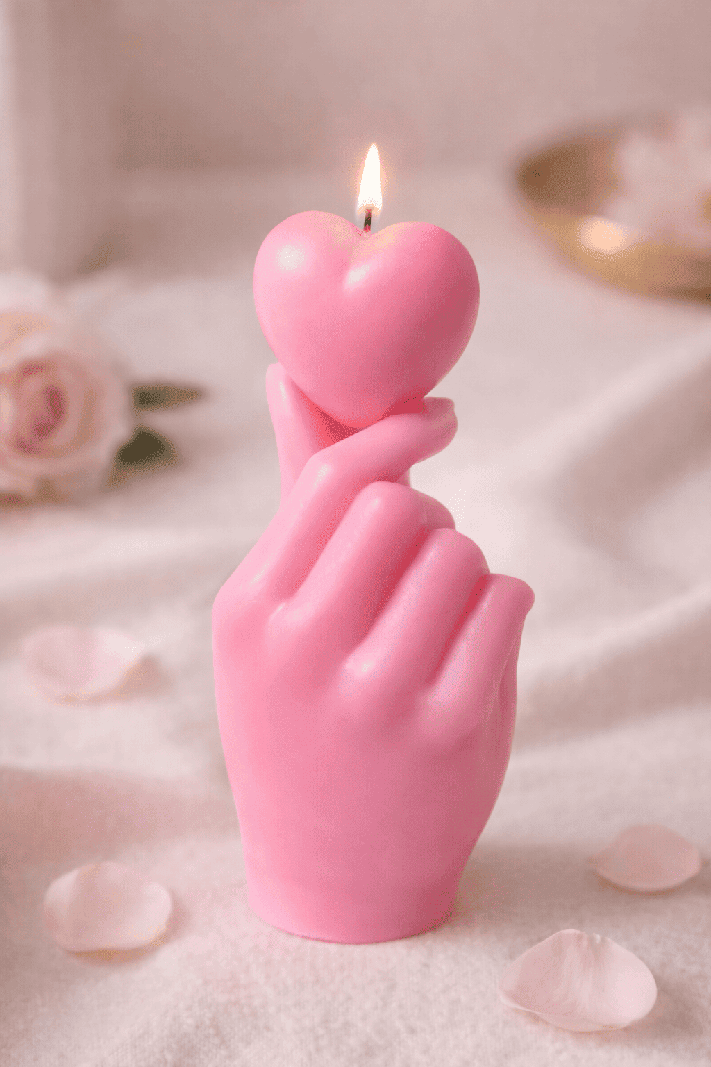 Handgegossene Skulpturkerze „Getragenes Herz“ aus rosa Sojawachs – Hand hält ein Herz, liebevoll inszeniert