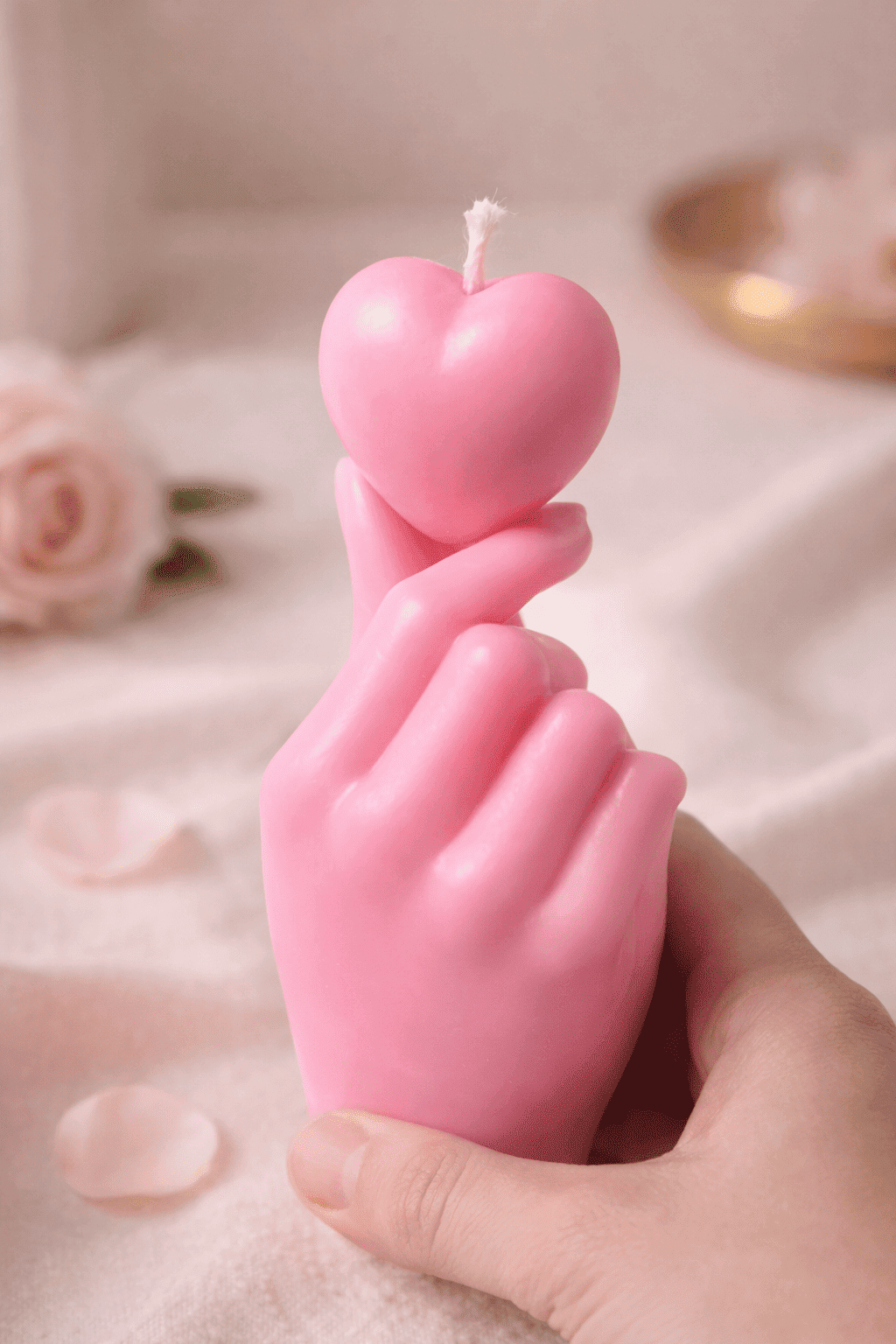 Handgegossene Skulpturkerze „Getragenes Herz“ aus rosa Sojawachs – Hand hält ein Herz, liebevoll inszeniert