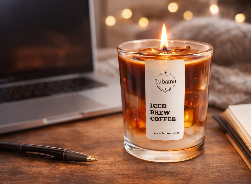 Handgegossene Gel-Duftkerze „ICED BREW COFFEE“ von Lubamu im Glas, klares Kerzengel mit Iced-Coffee-Optik