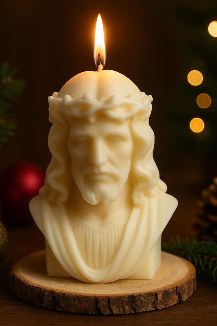 Brennende, cremefarbene Kerze in Form eines Jesuskopfes mit Dornenkrone, auf rundem Holzsockel; weihnachtliche Dekoration mit Tannenzweigen, Kugeln und warmen Lichtern im Hintergrund.