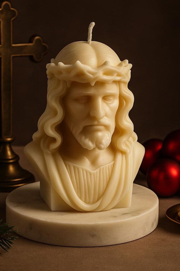 Cremefarbene Kerze in Form eines Jesuskopfes mit Dornenkrone, auf rundem Sockel platziert; im Hintergrund ein Kreuz, weihnachtliche Dekoration und warme, ruhige Lichtstimmung.